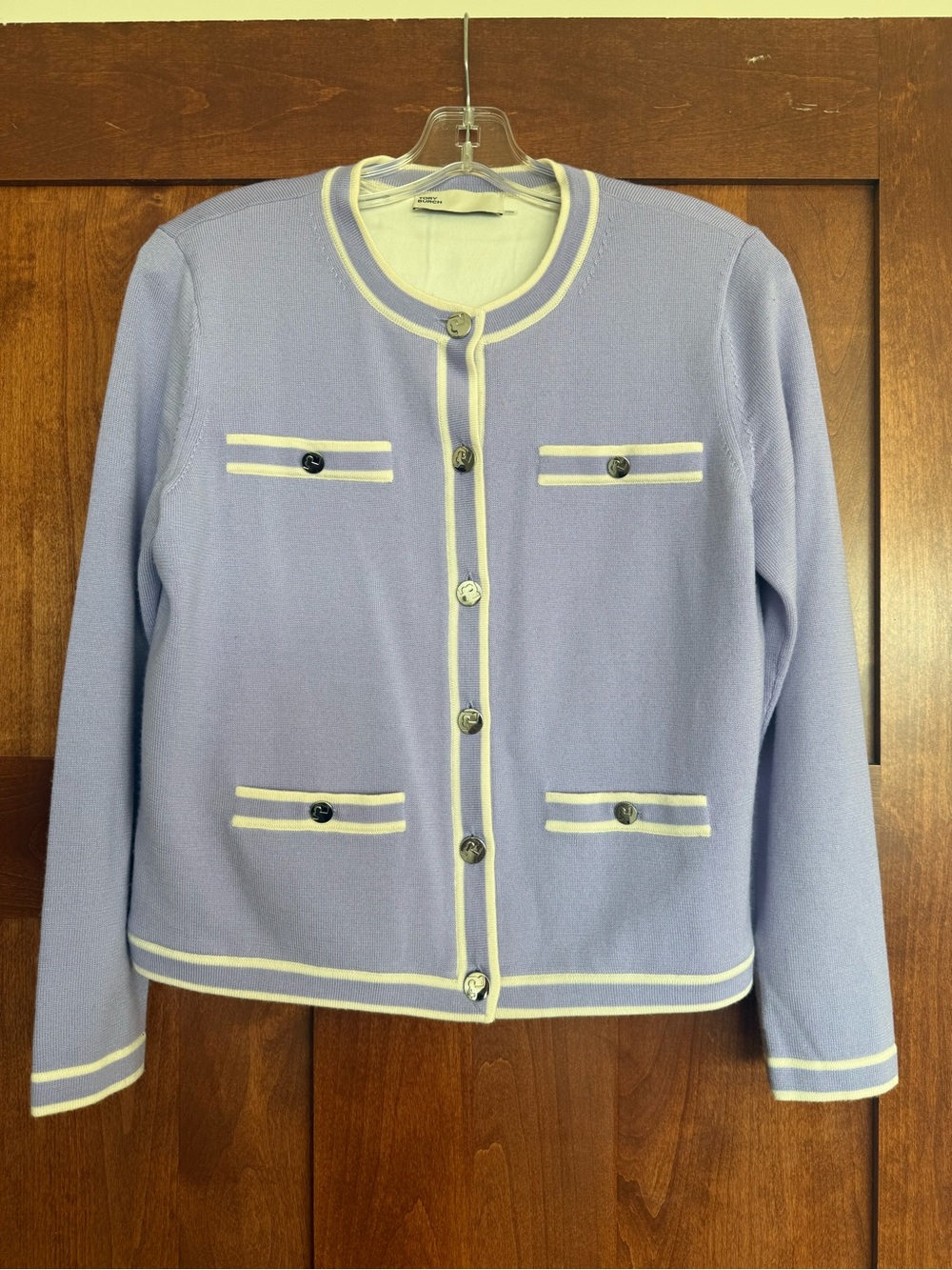 Tory Burch Lavender Crewneck Cardigan with Cream Trim